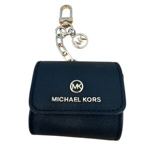 Michael Kors Black Saffiano Leather AirPods Case Gold Tone Keychain Charm Logo
